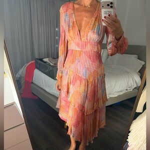 LoveShackFancy Pink & Peach Watercolor Pleated Tiered Midi Dress